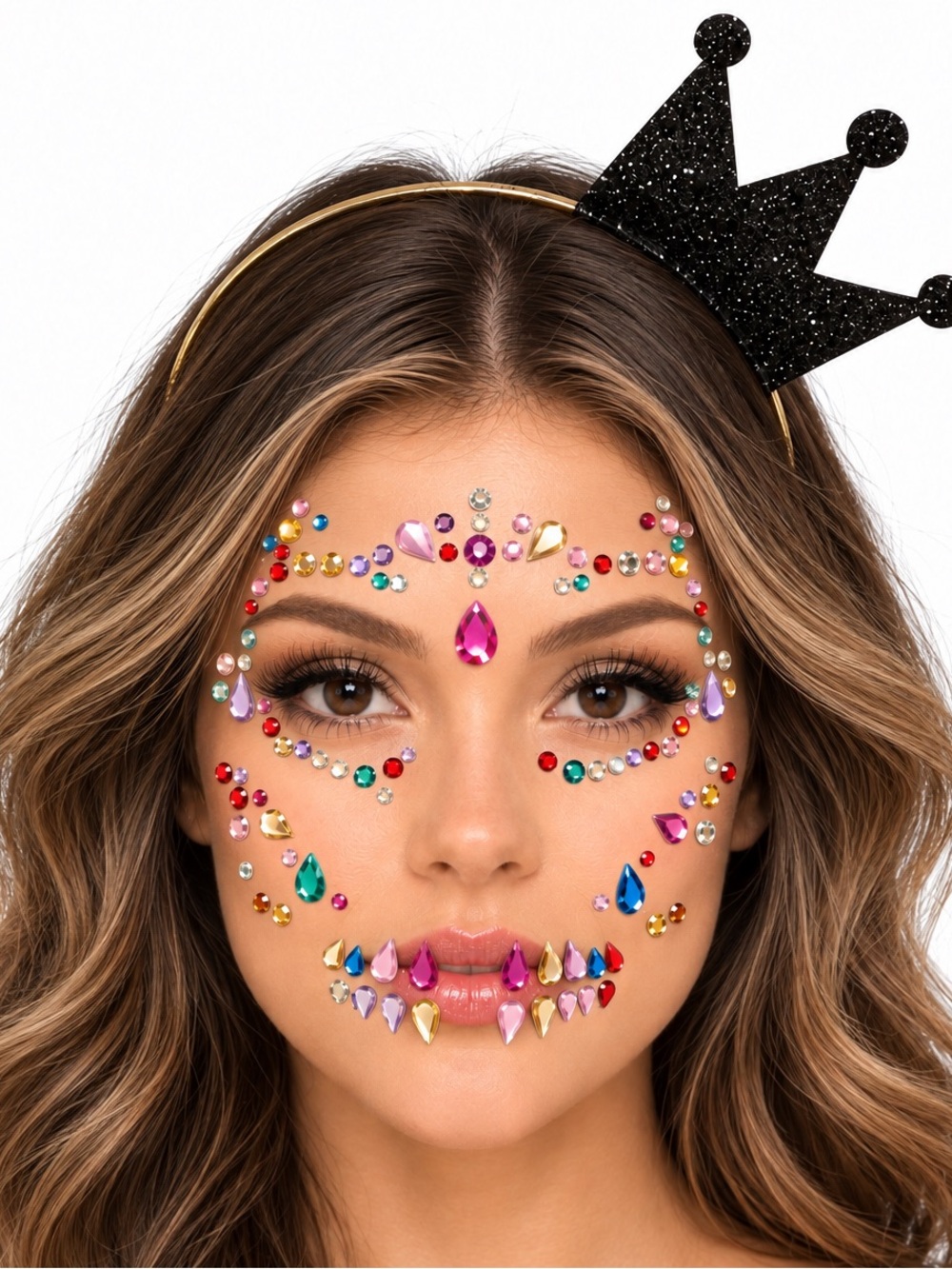 NEW - Face Gems Stickers & Black Glitter Crown Headband Halloween Costume Set